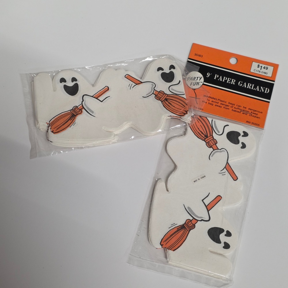 Vintage Party Fun Halloween Ghost Paper Garland 9ft Retro Die Cut Decor Set of 2